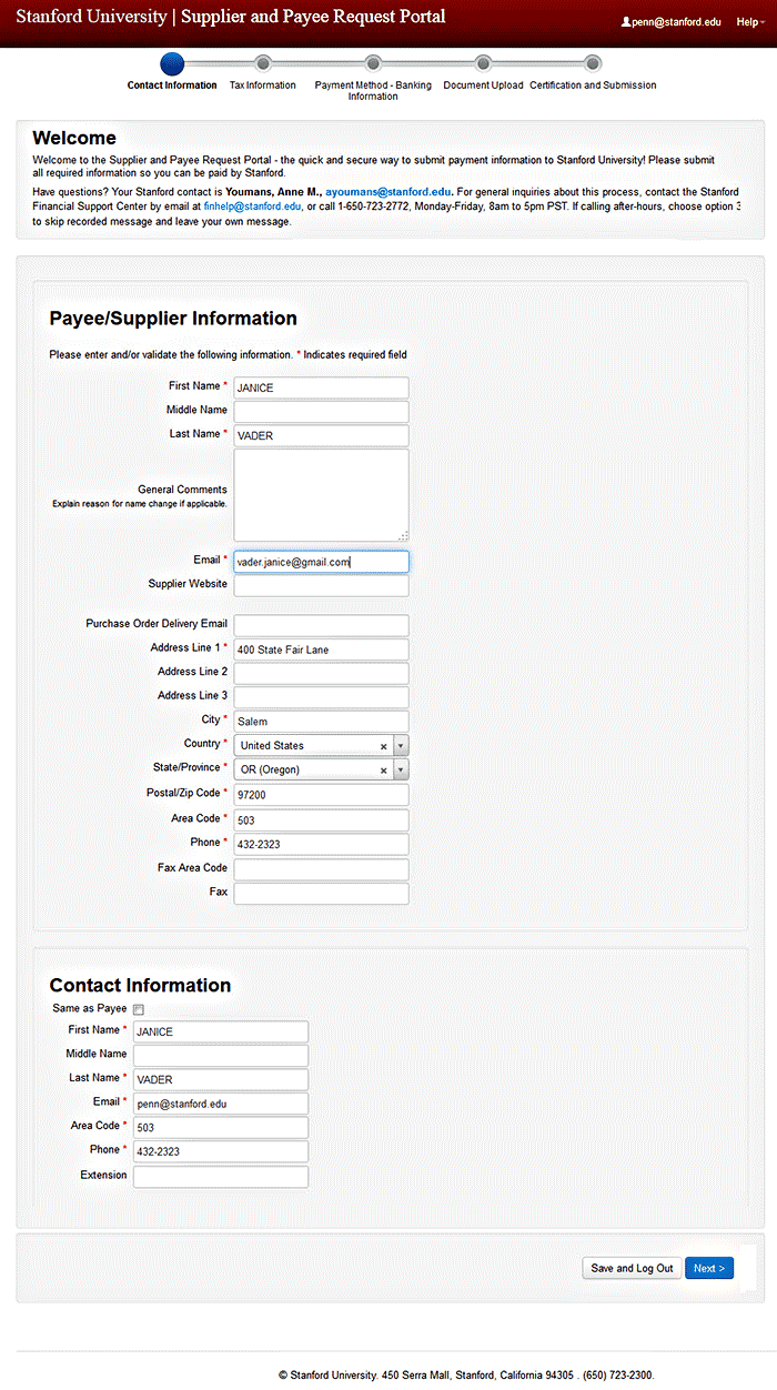 screen shot -  Contact Information screen with example entries