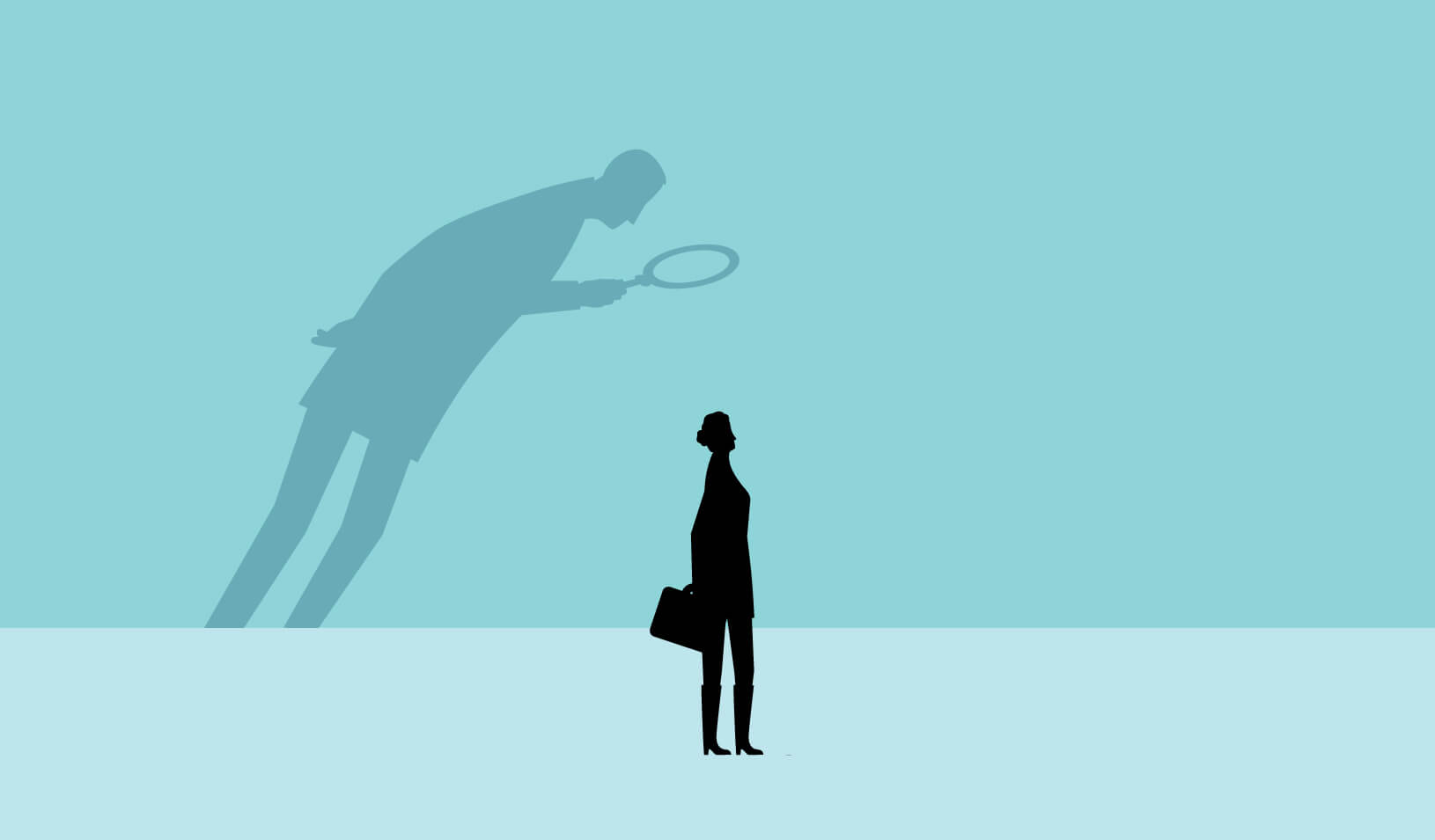 illustration of a shadow of a man looming over a smaller woman, examining her with a magnifying glass