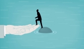  Illustration of man climbing onto a hand from rock in the middle of water | iStock/dane_mark