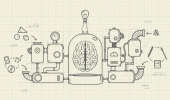 A complex machine of "ideas" is attached to a brain | iStock/mustafahacalaki