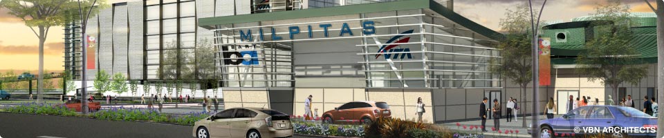 Conceptual architectural rendering of the exterior of Milpitas station.