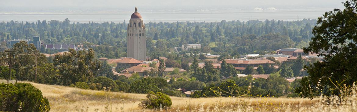 Distance photo of Stanford University, featuring Hoover Tower