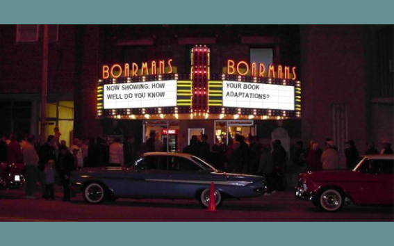 a theatre marquee with text: Now Showing: How Well Do You Know Your Book Adaptations?