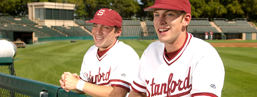 Two players on Stanford's baseball team on the field.