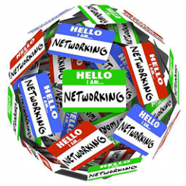 Ball composed of name tags labelled "Hello, my name is...Networking"