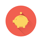 Red-orange circular icon of coin dropping into piggy bank