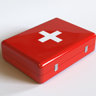 Red with white emergency first aid kit with white cross on top