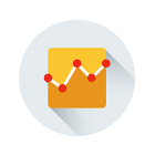 White circular icon of line chart with white line and red data points on yellow orange square