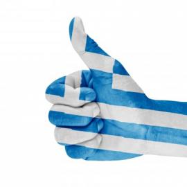 thumbs up overlayed with colors of the Greek flag