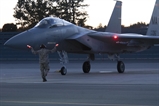 The 104th Fighter Wing, Massachusetts Air National Guard, F-15 fighter jets launch during night flying training at Barnes Air National Guard Base. The 104th Fighter Wing received the highest rating of "Mission Ready" on the North American Aerospace Defense Command (NORAD) Inspector General (IG) Alert Force Evaluation, January 27, 2017.(U.S. Air National Guard Photo by Senior Master Sgt. Julie Avey)