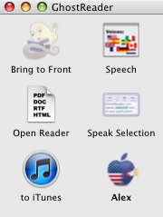 Screenshot of Ghostreader window showing buttons Bring to Front, Speech, Open Reader, Speak Selection, to iTunes, and Alex voice.