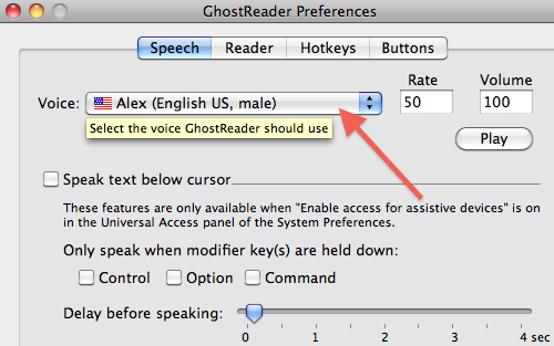 Screenshot of Ghostreader Preferences with Alex selected as recommended speaking voice.