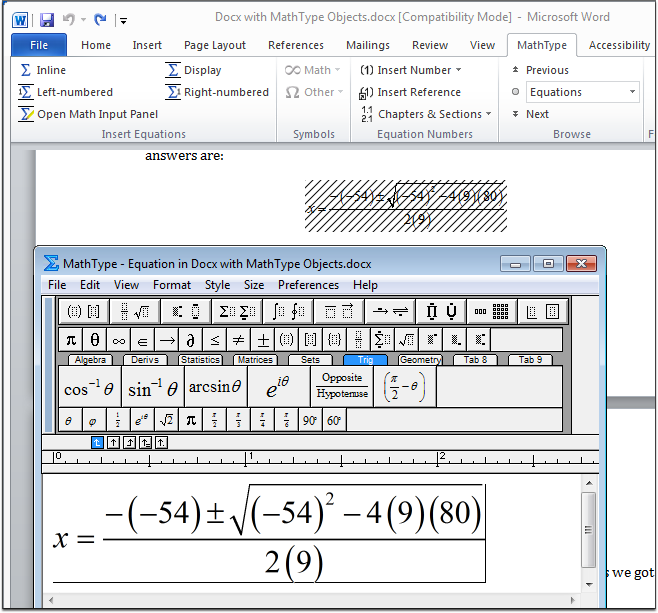 Screenshot of the MathType Equation Editor in MS Word 2010.