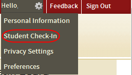 screenshot of menu that results from clicking on the gear icon, indicating that the student should click on Student Check-In