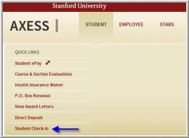 Screenshot of main Axess page to select the student check-in