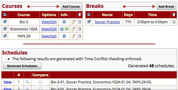 screenshot of study list planner course selection screen