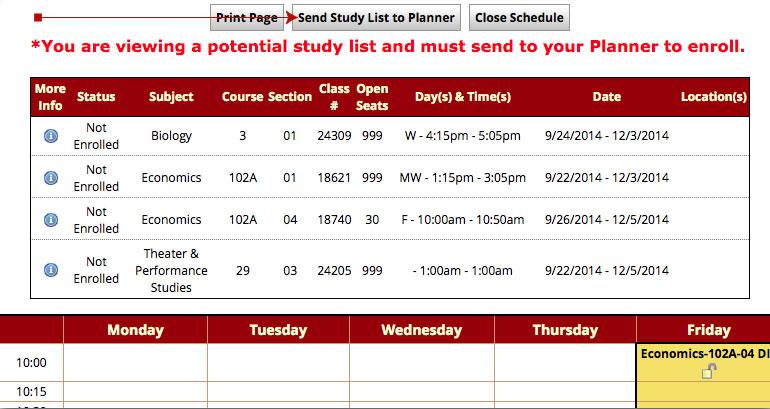screenshot of study list planner send courses screen
