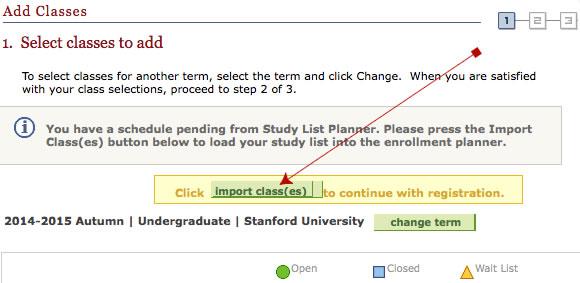 screenshot of study list planner import classes screen