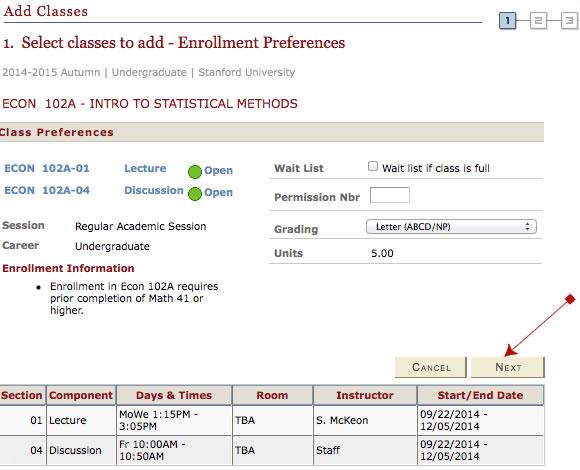 screenshot of study list planner enrollment step one