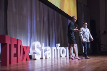 Stanford d.school Lecturer Emi Kolawole and TEDxStanford co-organizer David Hornik host TEDxStanford. (Photo: L.A Cicero)