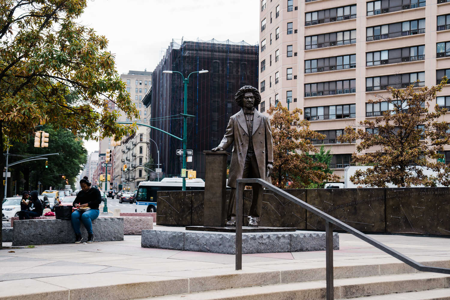 The Frederick Douglass Memorial, at West 110th Street and Frederick Douglass Boulevard, was dedicated in 2011 with an eight-foot bronze portrait sculpture and a large circle and fountain.