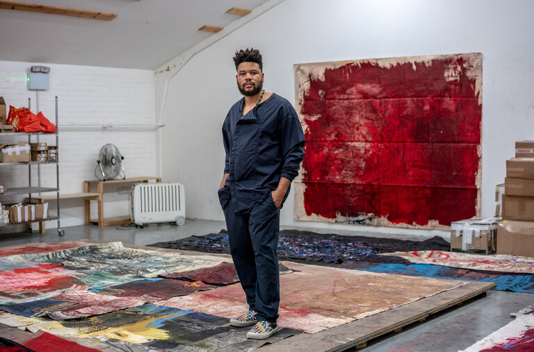 The artist Oscar Murillo at his studio in London, where he moved as a boy of 11 from a factory town in Colombia.