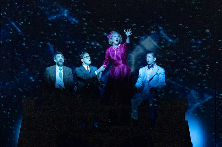 From left, Robert Sella, Harry Hadden-Paton, Carmen Cusack and Tony Yazbeck in the new musical “Flying Over Sunset” at the Vivian Beaumont Theater.