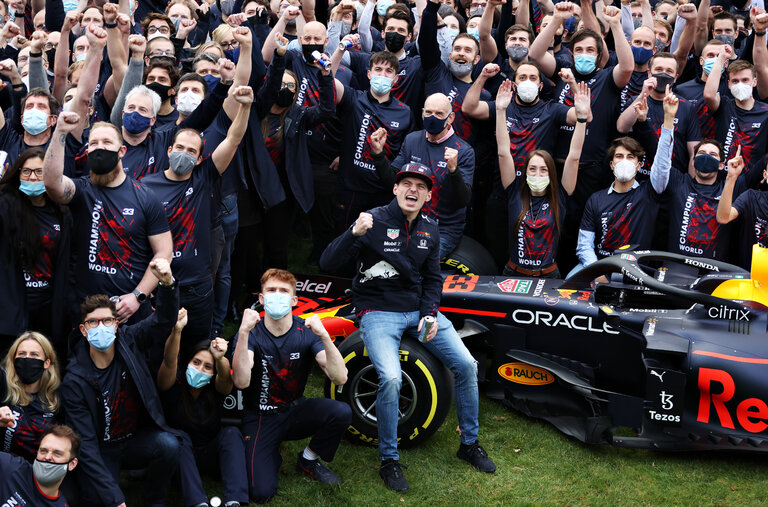 Max Verstappen celebrated his Formula 1 world championship at the Red Bull Racing Factory in England on Wednesday. 