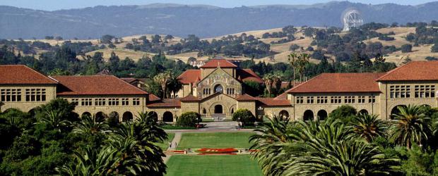 Front of Stanford Quad with hills in background