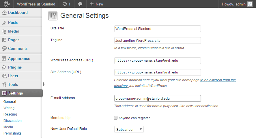 WordPress General Settings Screenshot