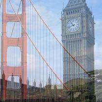 Superimposed Big Ben and Golden Gate Bridge