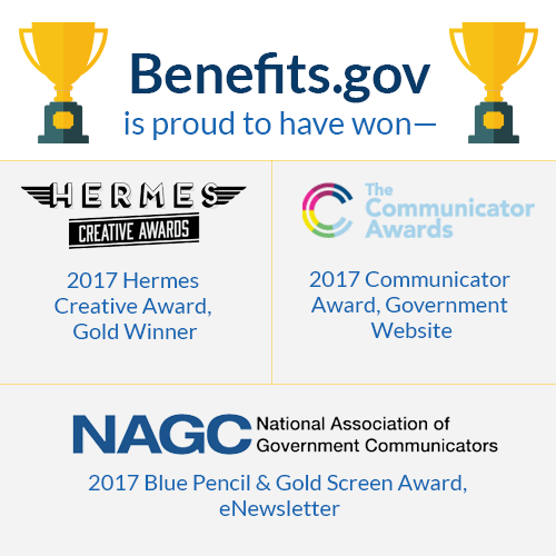 This is an image of the logos for three industry awards won by Benefits.gov