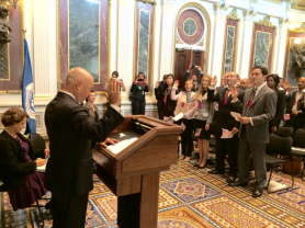 Deputy Secretary Mayorkas administers the Oath of Allegiance at a special naturalization ceremony in the Eisenhower Executive Office Building Indian Treaty Room. Official DHS photo.
