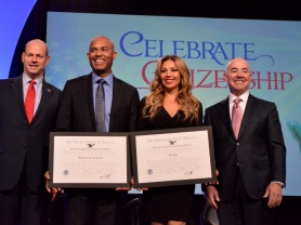 From left: USCIS Director León Rodríguez, Mariano Rivera, Thalia and Deputy Secretary of Homeland Security Alejandro Mayorkas after the Outstanding Americans by Choice presentation.  