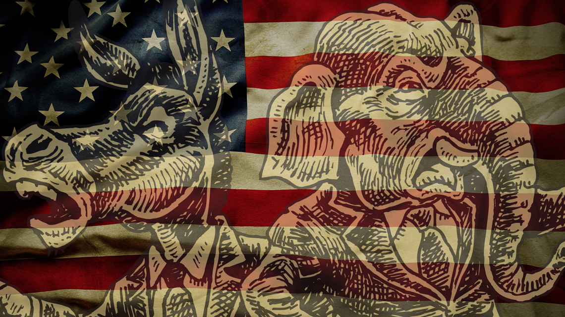 illustration of a donkey and elephant in front of an American flag