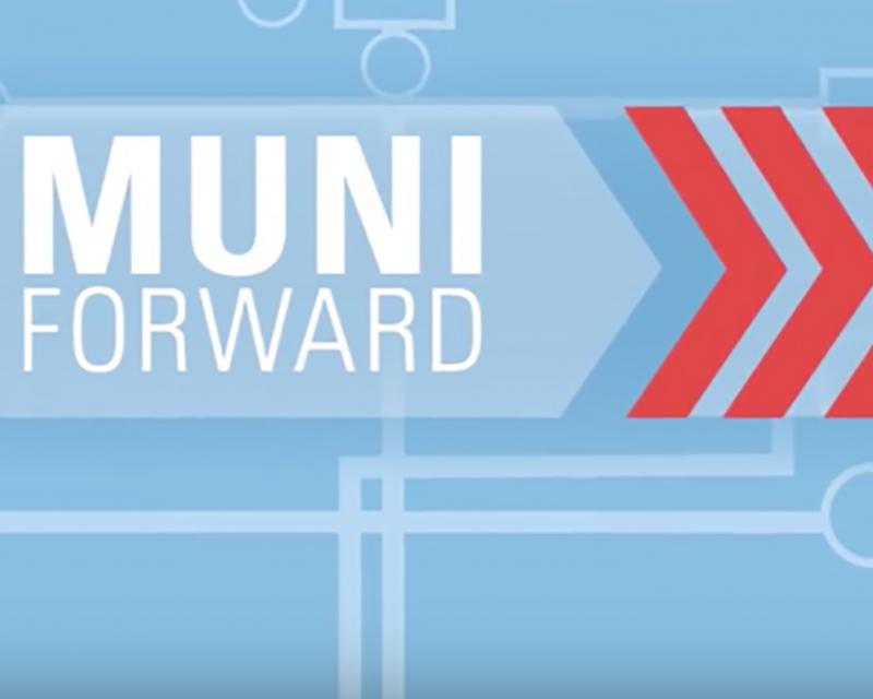 Blue, white, and red graphic showing "Muni Forward" words and chevrons.