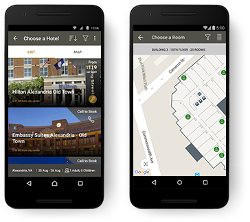 Hilton app opened in a smart phone powered by Google Maps APIs