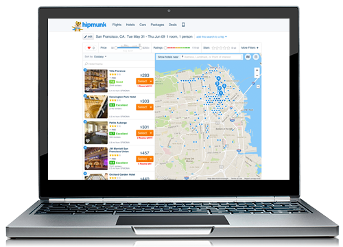 Hipmunk app opened in a laptop powered by Google Maps APIs