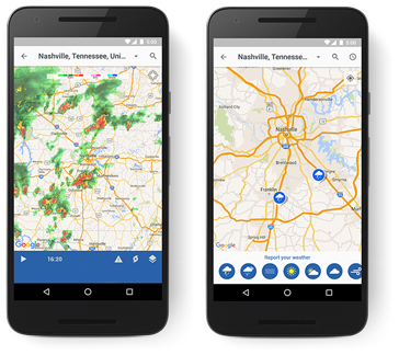 Weather Channel app opened inside of a phone, powered by Google Maps APIs