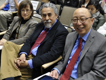 Professors Guadalupe Valdes, Guillermo Solano-Flores and Kenji Hakuta at "Latin@s in STEM". (Photos: Brooke Donald)