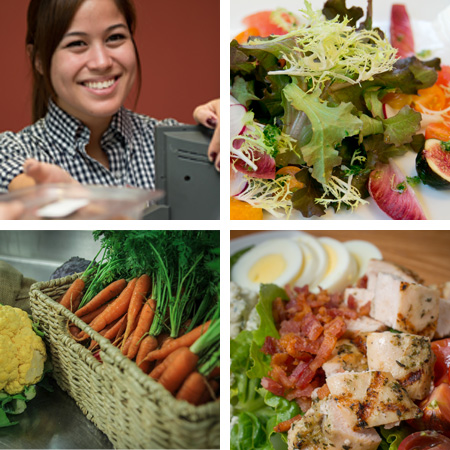 Cashier handing over food to a customer, composed salad, a basket of fresh carrots and a chicken salad with tomatoes