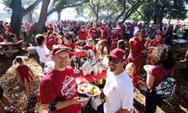 photo of people at a picnic wearing Stanford apparel