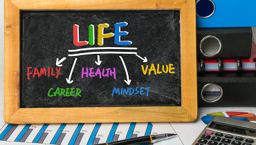 Colorful words on blackboard on work desk: LIFE, family, health, values, career, mindset.