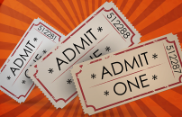 Vector image of three vintage "Admit One" tickets with orange background.