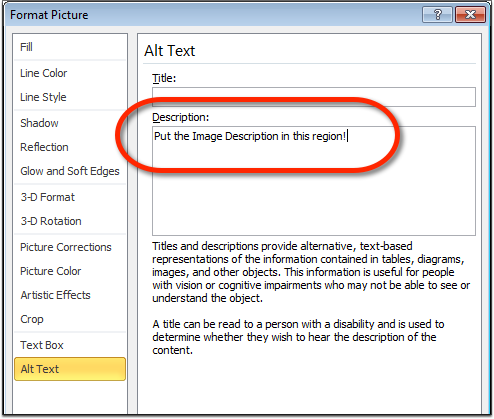 Screenshot of Format Picture window displaying the Alt Text interface and Description region for Microsoft Word 2010.