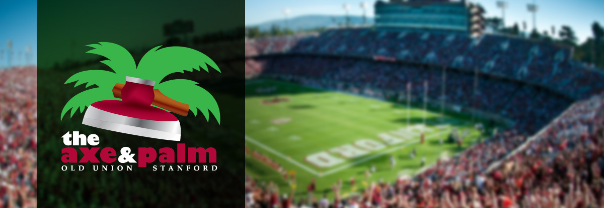 axe and palm logo in front of the Stanford Football Stadium