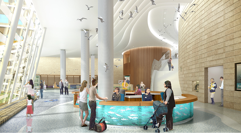 A rendering of the future Lucile Packard Children's Hospital Stanford lobby