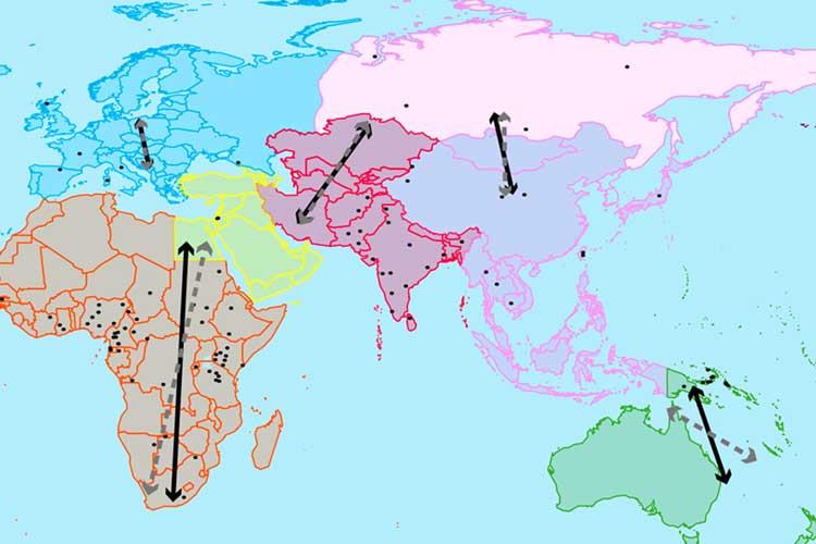 This map shows the dispersal of phonemes compared with dispersal of genetic traits