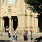 Students exiting the Bing Wing of Green Library