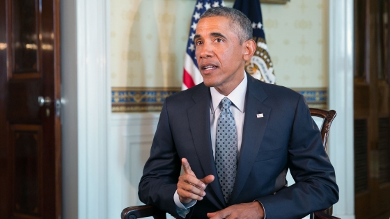 President Barack Obama tapes the Weekly Address in the Blue Room of the White House, Aug. 18, 2014.